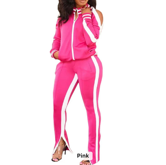 Polyester Jogger Running Sportswear cut out the shoulder jogging Sweatsuit Set Tracksuit Two Piece Set Woman