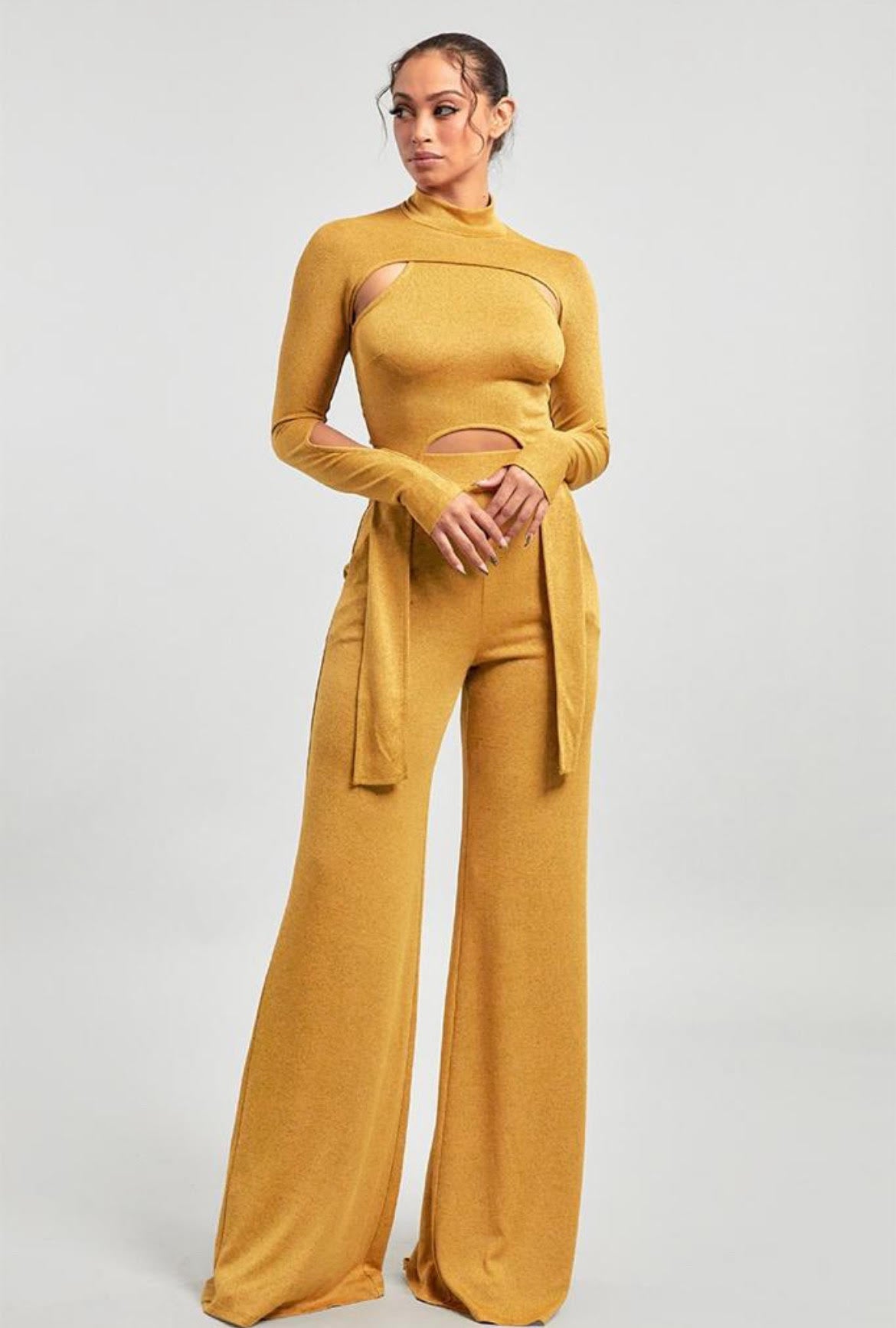 2p crop top cutout sleeve wide leg pants