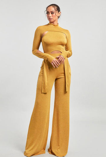 2p crop top cutout sleeve wide leg pants