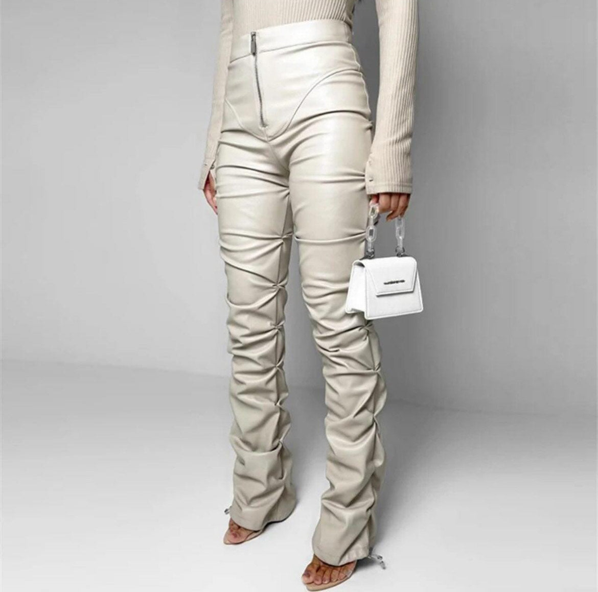 PU Leather high waist stack pants