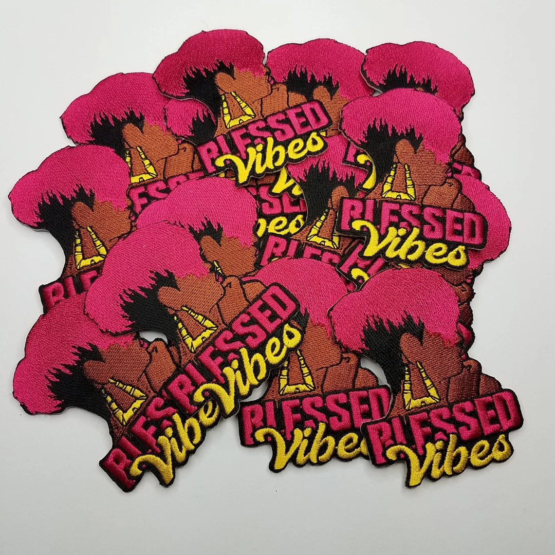 blessed vibes Pink yellow  triangle bamboo earring  Iron on Patch, Jacket Patch, Sew On Patch, Embroidered Patch