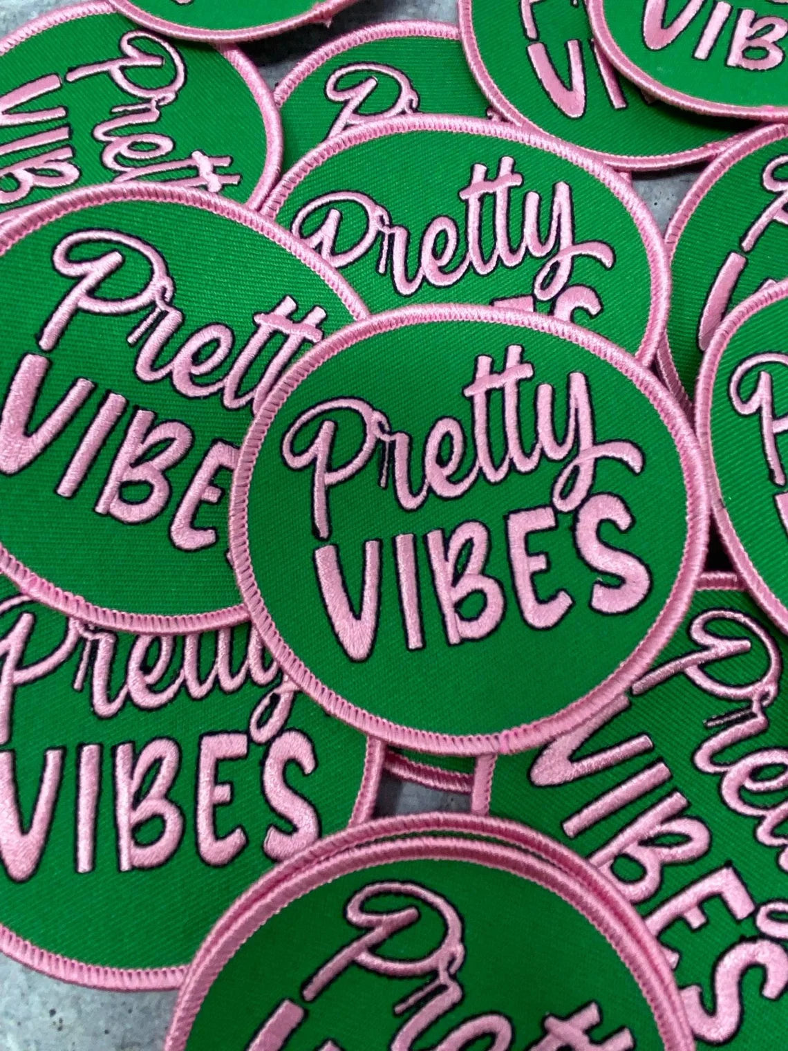 "Pretty Vibes," Popular Patch, Size 3", Pink & Green, Circular Iron-on Embroidered Patch