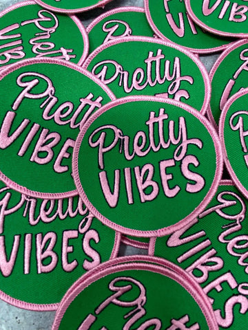 "Pretty Vibes," Popular Patch, Size 3", Pink & Green, Circular Iron-on Embroidered Patch