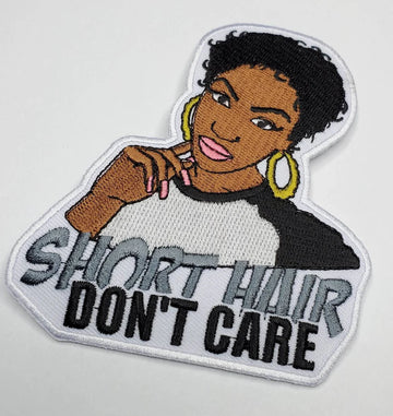 "Short Hair, Don't Care" Size 4" Embroidery Patch; Black Girl Magic with Gold Hoops; Patch