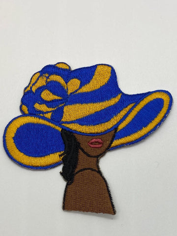 Sassy, Blue & Gold, 1pc, Sophisticated Diva, with Red Lip gloss, Iron-on Afrocentric Patch, Size 4", Sorority Girl Badge
