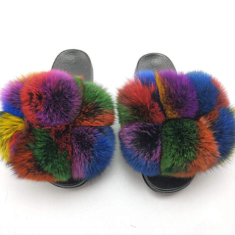 Women's Real Fox Fur Slides, Open Toe Cute Fur Slippers, Indoor or Outdoor Comfortable Furry Slide Sandals With Fluffy Fur