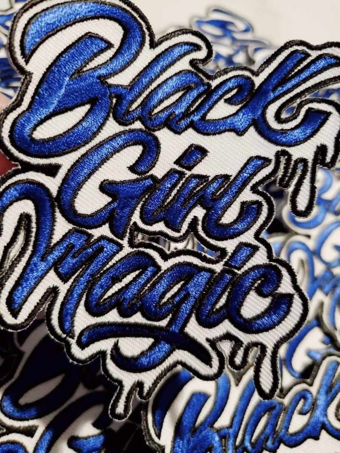 Black Girl Magic" Blue & White,"Drippin,  NEW Design, Iron-on Embroidered Patch, DIY Applique, Size 4",