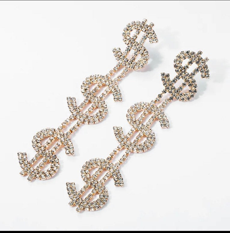 Dollar Rhinestone Earrings for Women Long dangler Personality Money Earrings