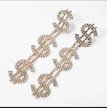 Dollar Rhinestone Earrings for Women Long dangler Personality Money Earrings