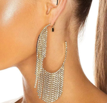 Rhinestone tassel luxury hoop  earrings