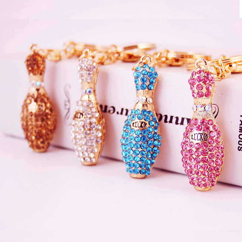 Rhinestone pink bowling pin keychains