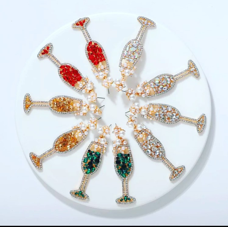 Beaded crystal/rhinestone/pearl red Champagne Wine Glass Dangle Earrings