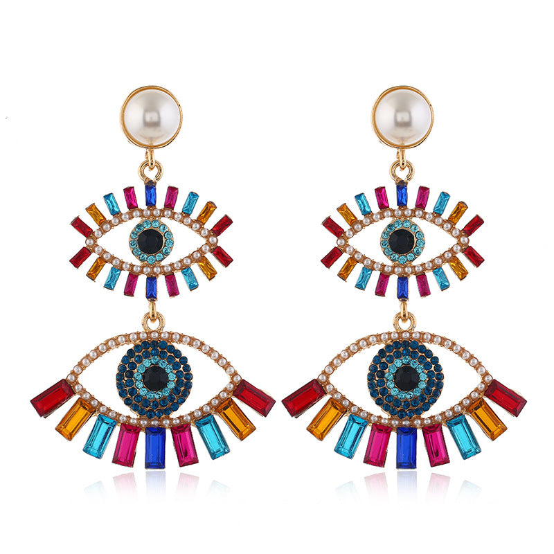 Evil eye oversized earrings, large evil eye rainbow earrings, rainbow chandelier drop earrings, luxury statement earrings