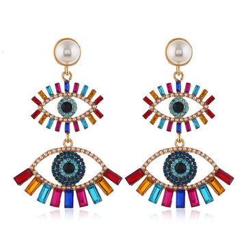 Evil eye oversized earrings, large evil eye rainbow earrings, rainbow chandelier drop earrings, luxury statement earrings