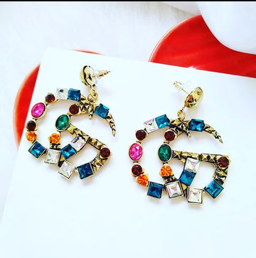 G letter Pearl, multi-color crystal, rhinestone designer inspired Earrings with