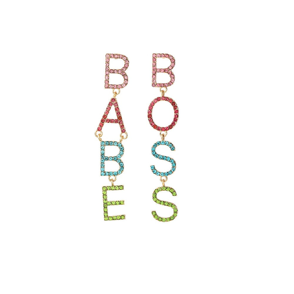 BOSS BABE Rhinestone Earrings for Women Long dangler Personality word Earrings